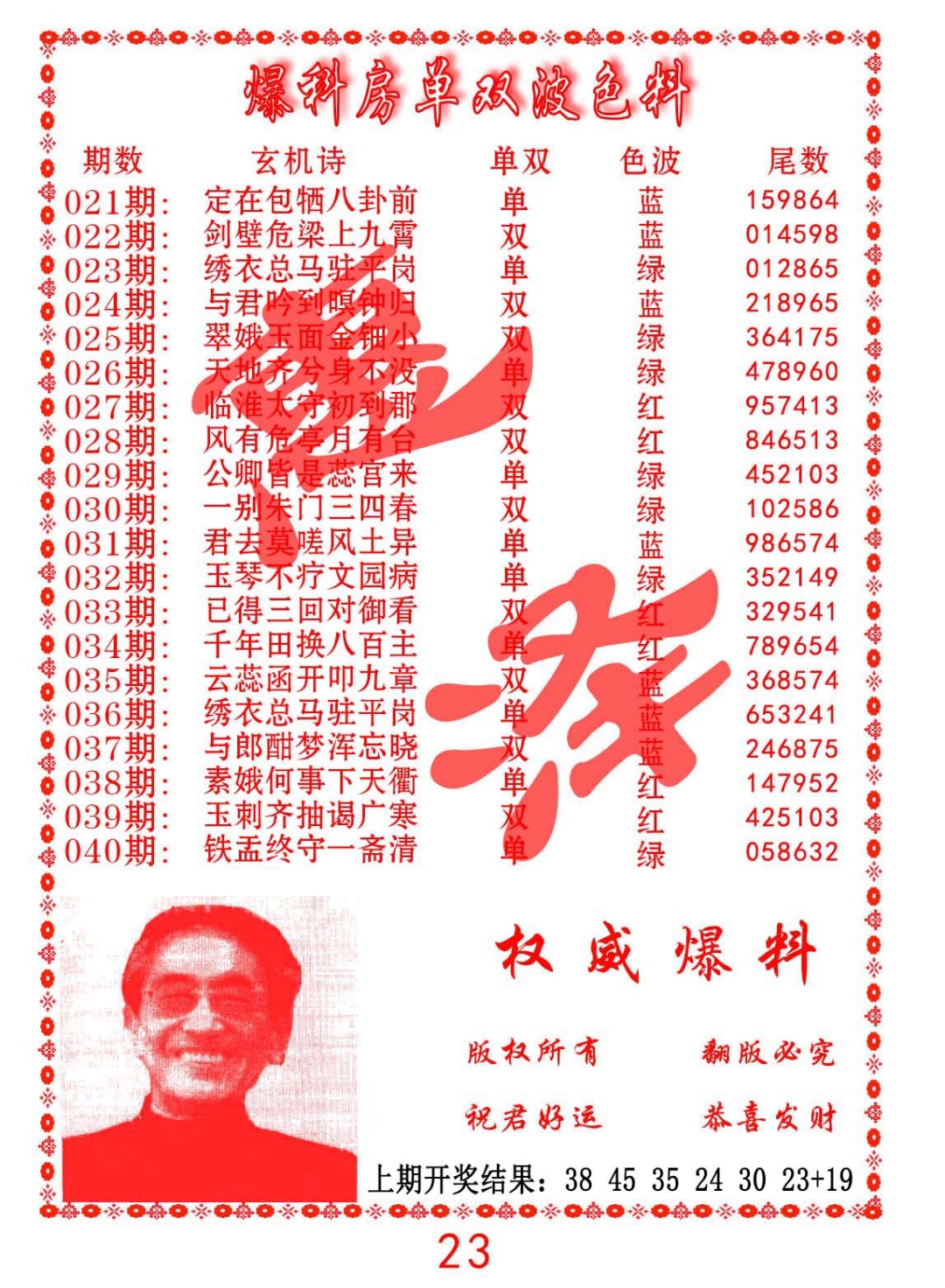 035期爆料房单双波色料[图]