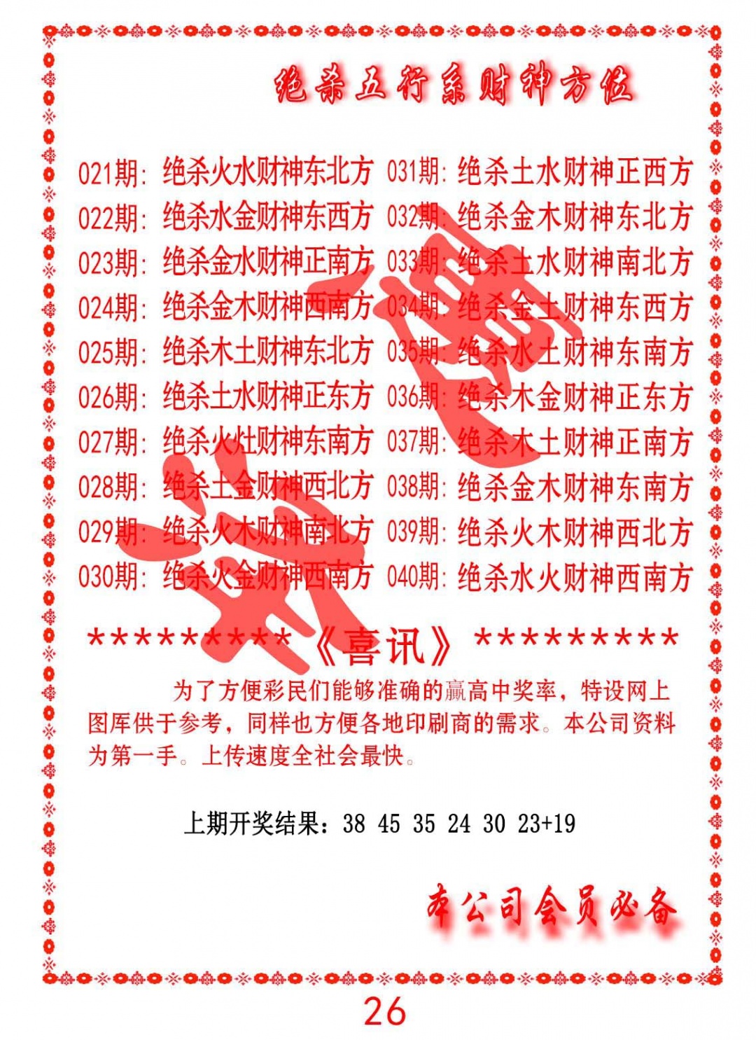 035期绝杀五行及财神方位[图]